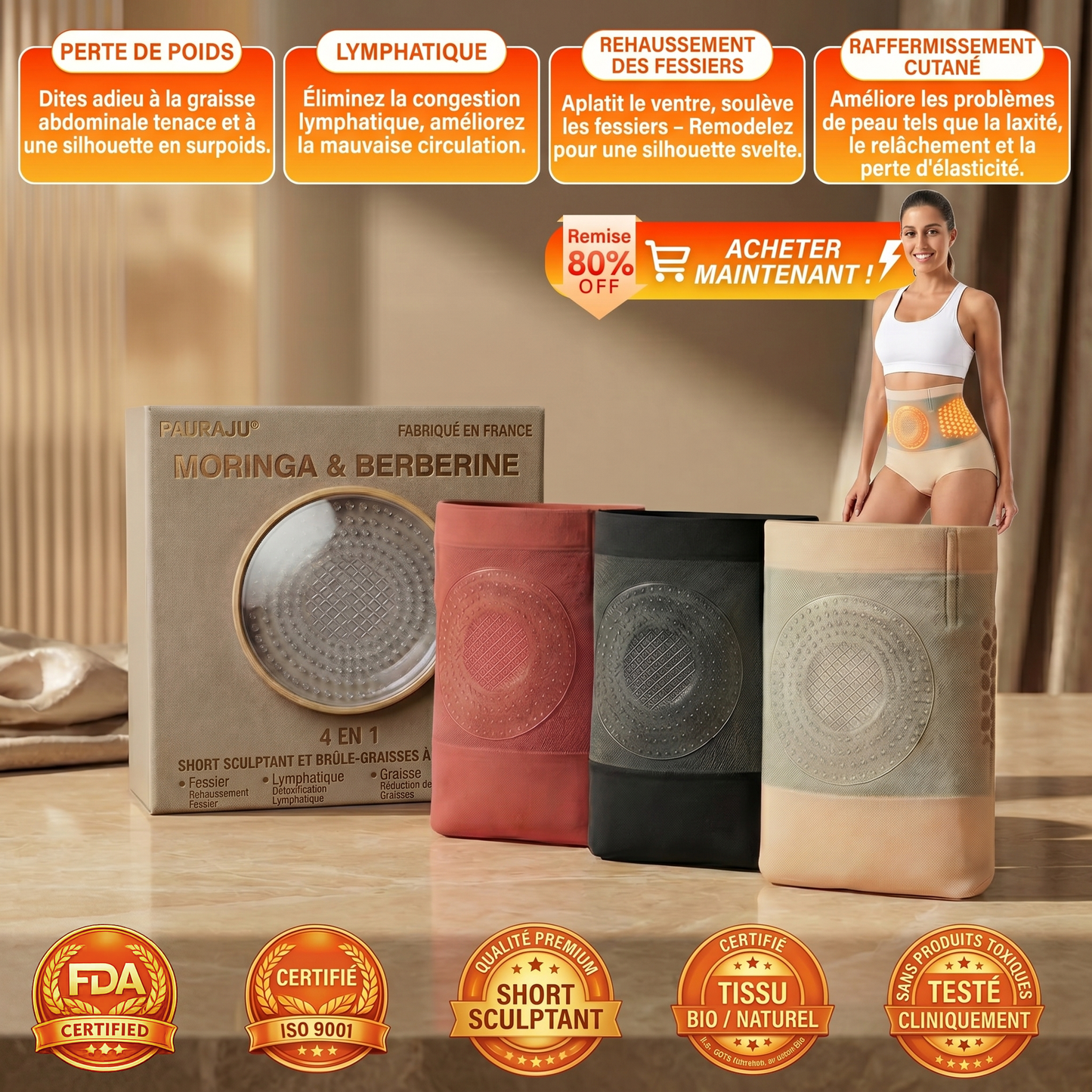 🩺Boutique Officielle | 👨‍👩‍👦👨‍👩‍👦 𝐏𝐀𝐔𝐑𝐀𝐉𝐔® 2026 Short Sculptant & Brûle-Graisses 4-en-1 aux Micro-Particules de Moringa & Berbérine-ABB8（D）