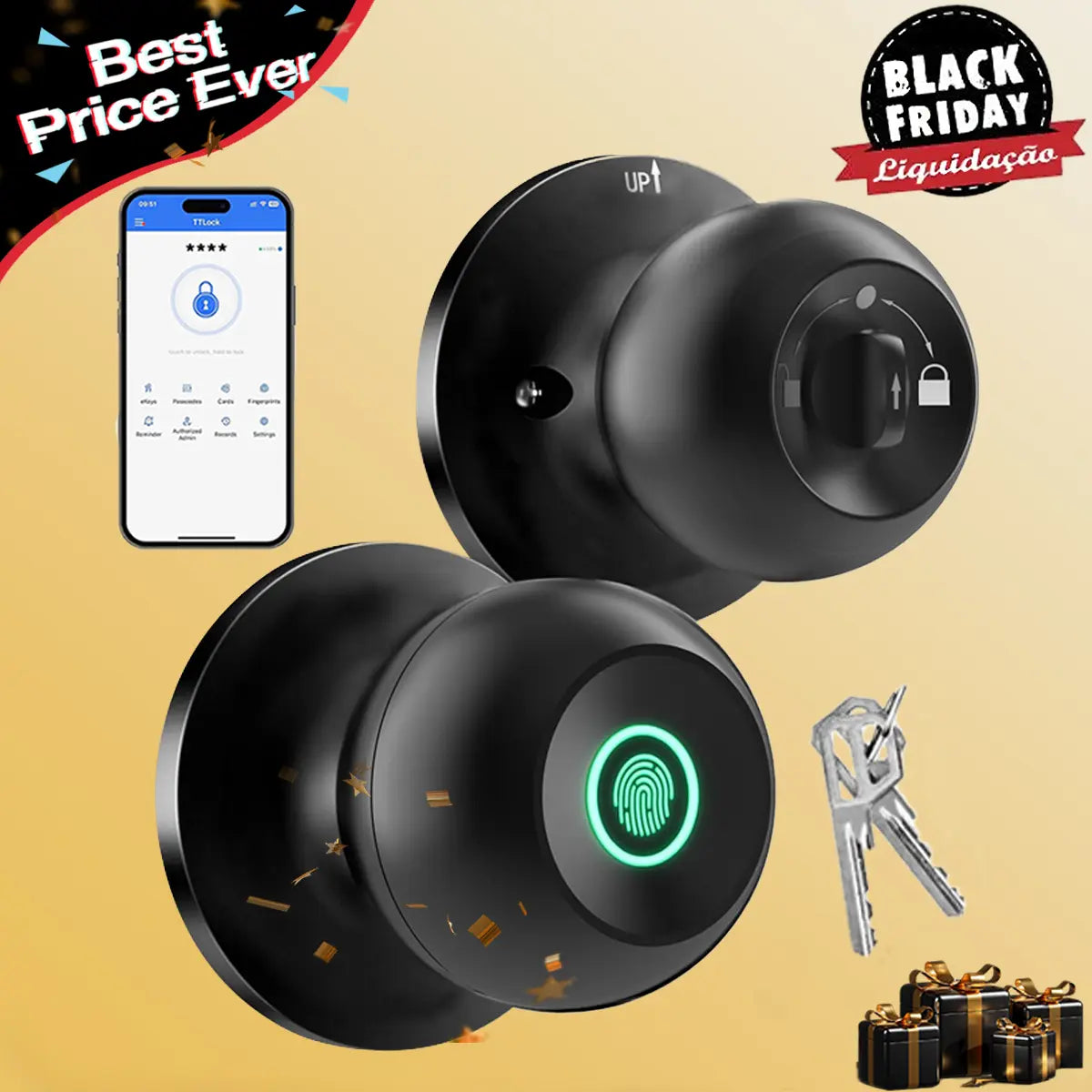 EUERTE Smart Fingerprint Door Lock 3-in-1 with TT App Control & 5S Auto-Lock Rechargeable Battery for Rooms Offices Apartments Warehouses Garages Black Friday Gift-H1